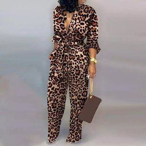 Leopard Tied Waist Long Sleeve Jumpsuit Women